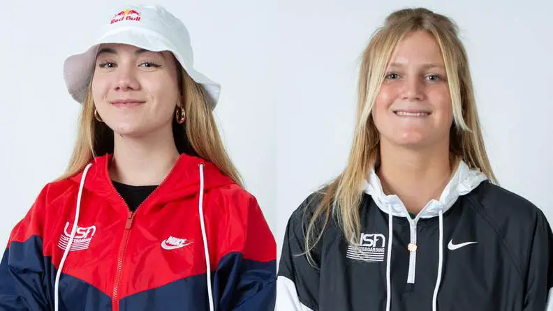 Encinitas skateboarding prodigies Brighton Zeuner, left, and Bryce Wettstein, will compete in the Women's Park event on Aug. 4 at the Tokyo Olympics.