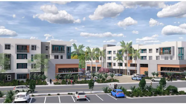 A rendering of Ocean Creek, a proposed 295-unit apartment complex and mixed-use development at Crouch Street and South Oceanside Boulevard. Courtesy rendering