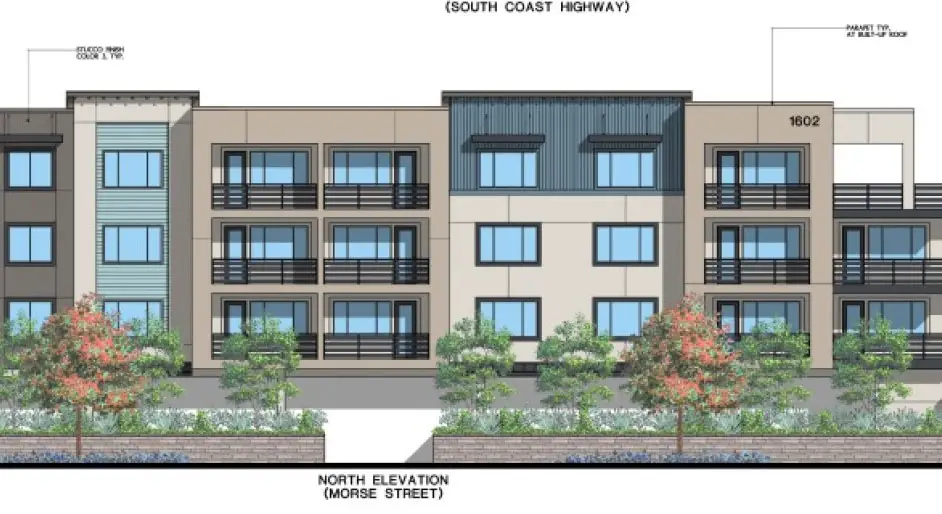 A drawing of a four-story, 54-unit mixed-use residential development on the corner of South Coast Highway and Morse Street in South Oceanside.