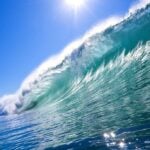 Big Blue Wave with Sun and Clear Sky, Epic Surf