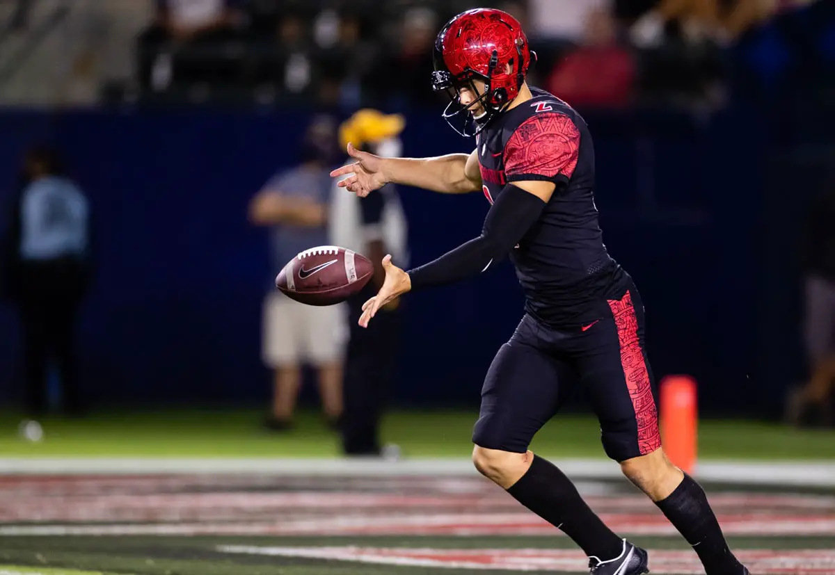 Aztecs junior punter/kicker Matt Araiza leads the nation with a 53.8 yards per punt average, and was named a Midseason All-American by ESPN and AP. He had an 86-yard punt last week at San Jose State. Photo courtesy SDSU Athletics