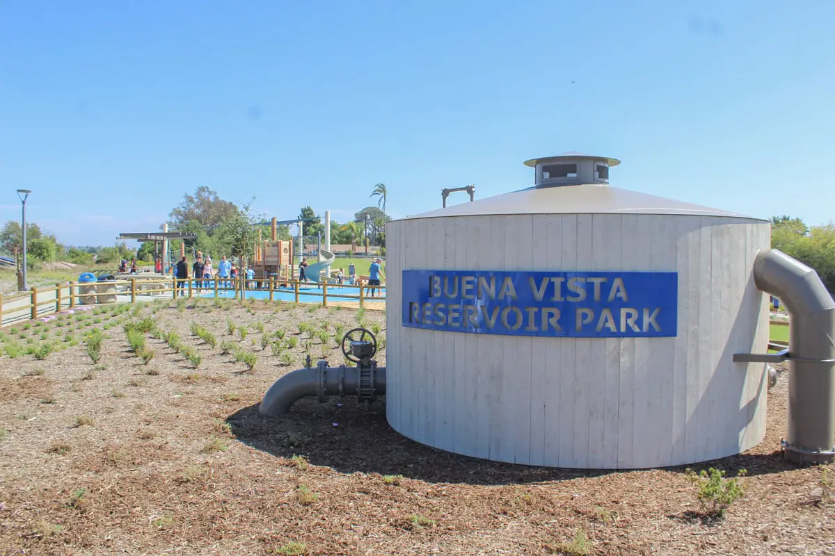 The old water tank from the Buena Vista Reservoir in Carlsbad is now part of the landscape of the newly minted park, which was officially opened on Aug. 27. Photo by Steve Puterski