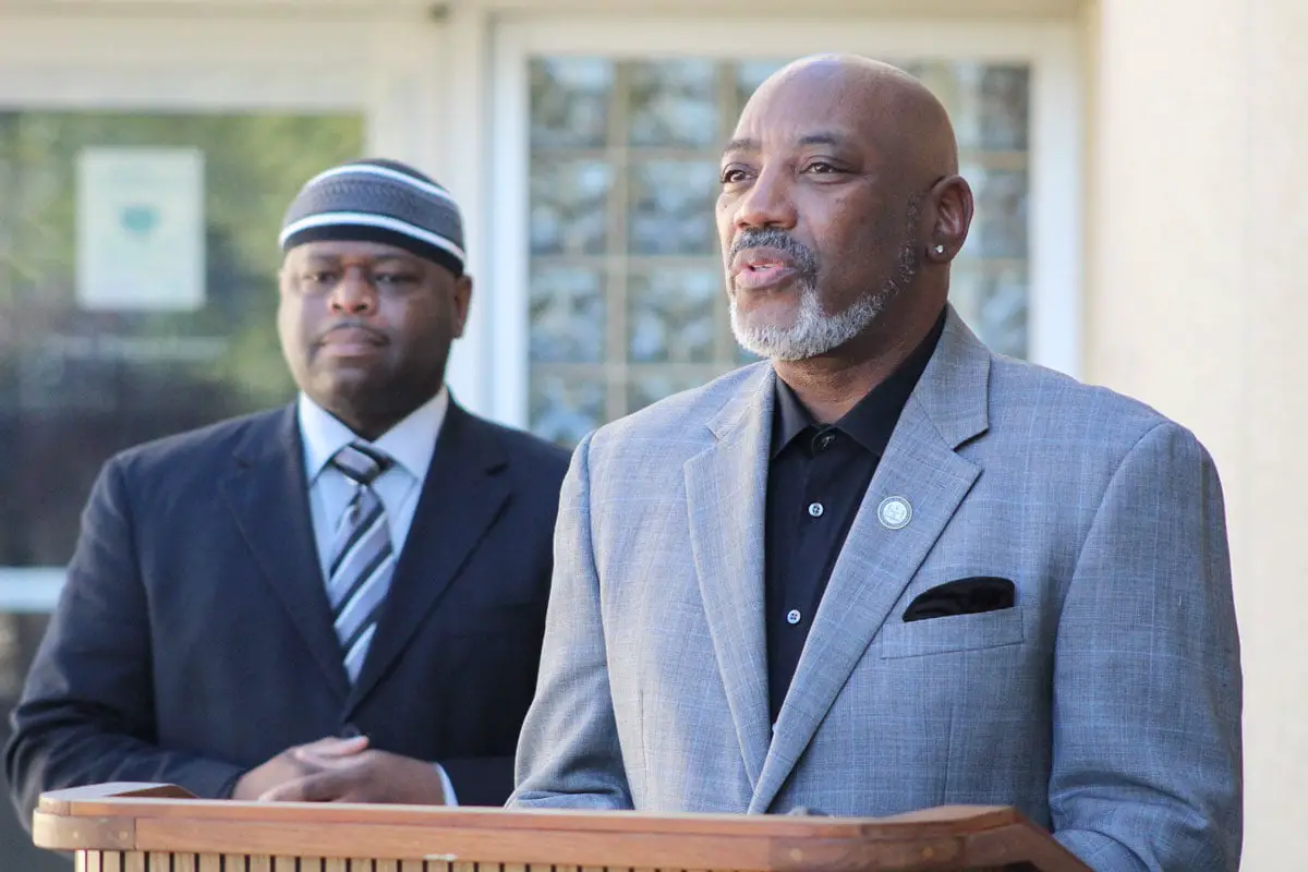 Rob Jenkins of the North San Diego NAACP and Yusef Miller of the North County Equity and Justice Coalition speak about the Carlsbad Police Department’s new de-escalation policy during a press conference on Oct. 28 at CPD headquarters. Photo by Steve Puterski