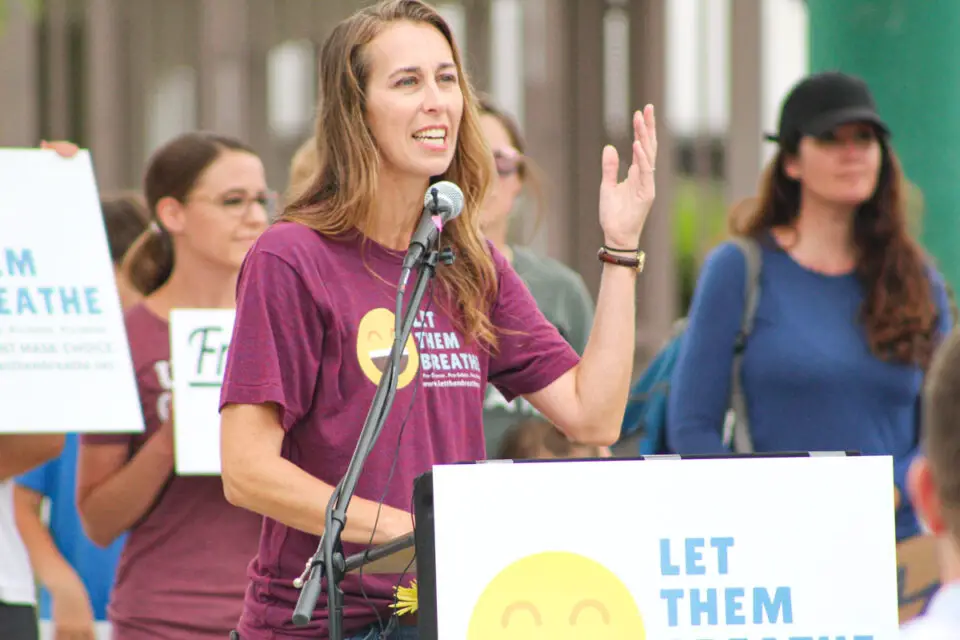 Sharon McKeeman, founder of Let Them Breathe, speaks during a press conference June 5. The group has filed a lawsuit against the State of California over a statewide mask mandate.