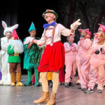 Pinocchio, played by Charlie Schuler, rehearses one of the last scenes with the rest of the Shrek The Musical cast the evening before opening night.The show will play three more times at the Brooks Theater in Oceanside this weekend. Photo by Samantha Nelson