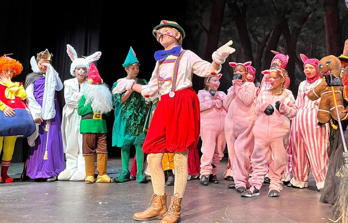Pinocchio, played by Charlie Schuler, rehearses one of the last scenes with the rest of the Shrek The Musical cast the evening before opening night.The show will play three more times at the Brooks Theater in Oceanside this weekend. Photo by Samantha Nelson