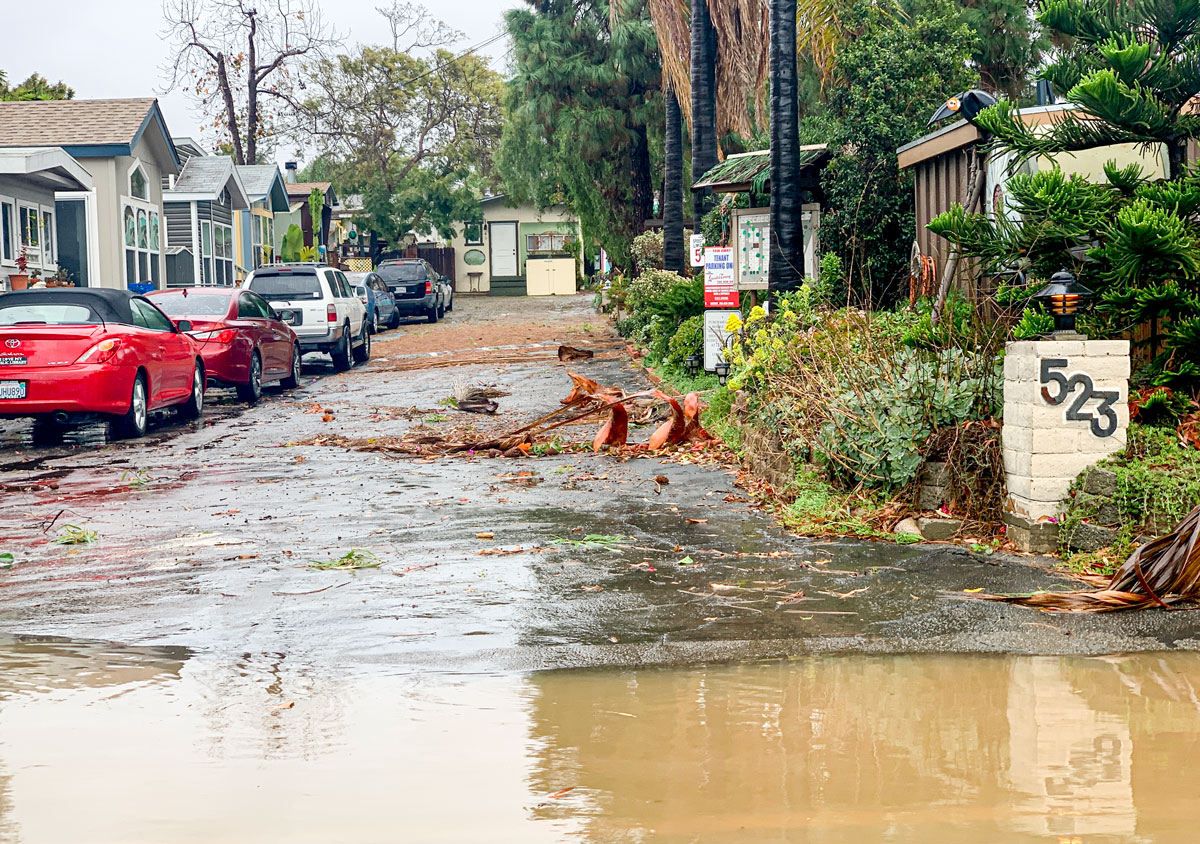 Portions of the road were flooded along Vulcan Avenue during a storm on Tuesday in Encinitas