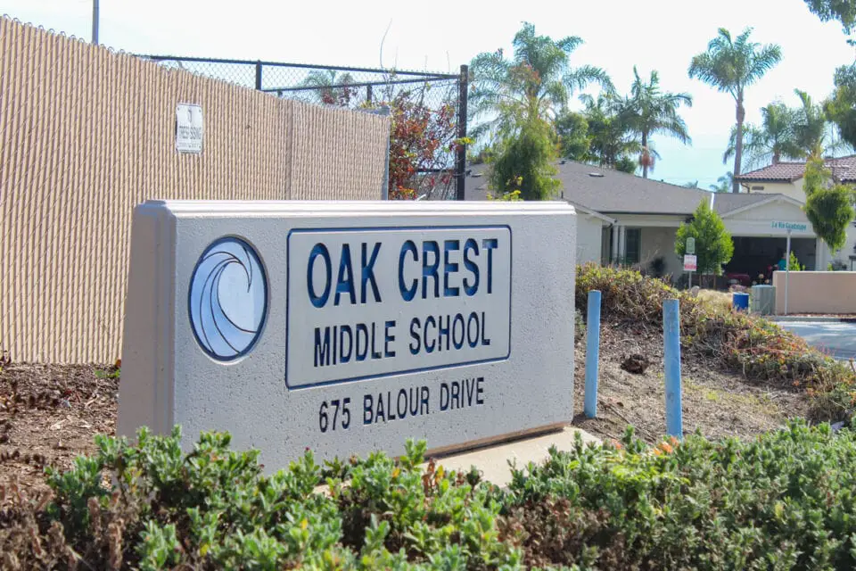 Oak Crest Middle School is located on Balour Drive in Encinitas, directly across the street from the proposed relocation site for the city's homeless parking lot. Photo by Bill Slane