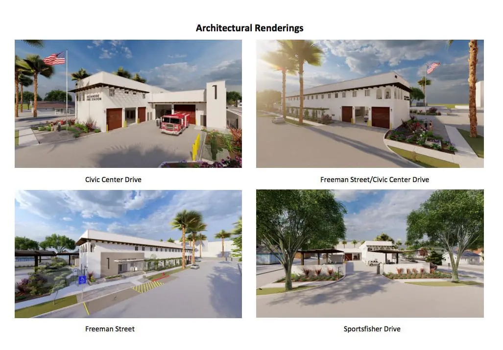 Architectural renderings of the proposed new Fire Station 1 in Oceanside. The Planning Commission approved the project’s development and design plans with a note to change some of the design features to better match the building with City Hall next door. Screenshot