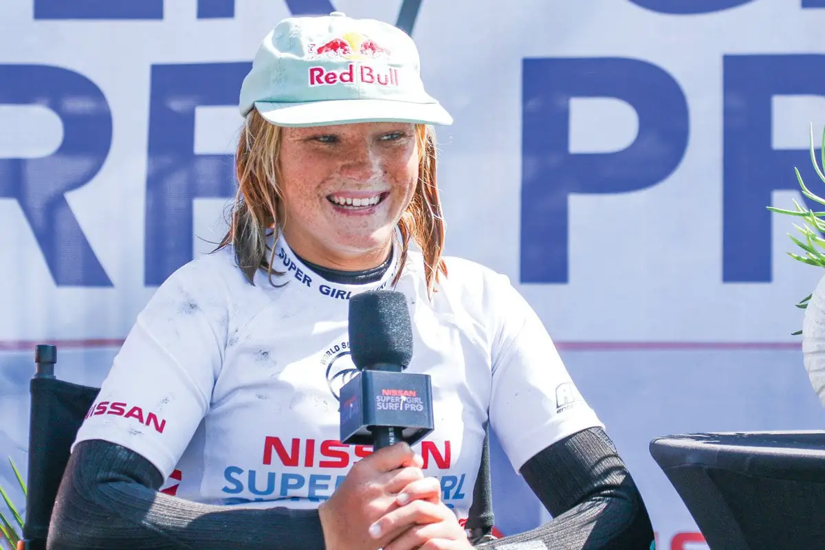 Caitlin Simmers of Oceanside, now 15, competed and won in last year’s Super Girl Surf Pro team challenge, a modified format used because of the pandemic. Courtesy photo
