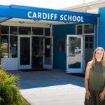 Michell Giroux stands in front of the Cardiff School a week before welcoming students back to the classroom from summer break. Photo by Bill Slane