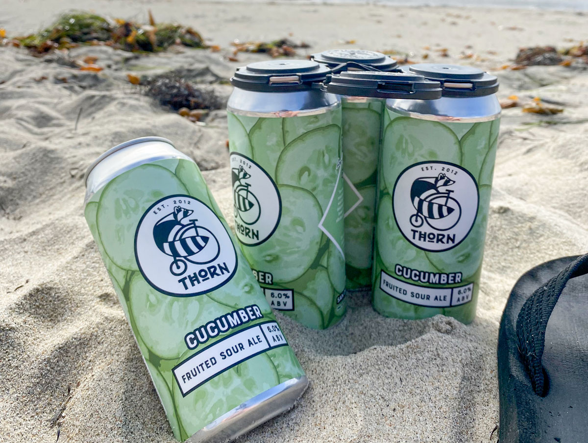 A pack of Thorn Brewing's Cucumber Fruited Sour Ale with PakTech handles, created in Eugene, Oregon, from post-consumer recycled plastic. Photo courtesy of Thorn Brewing Co.